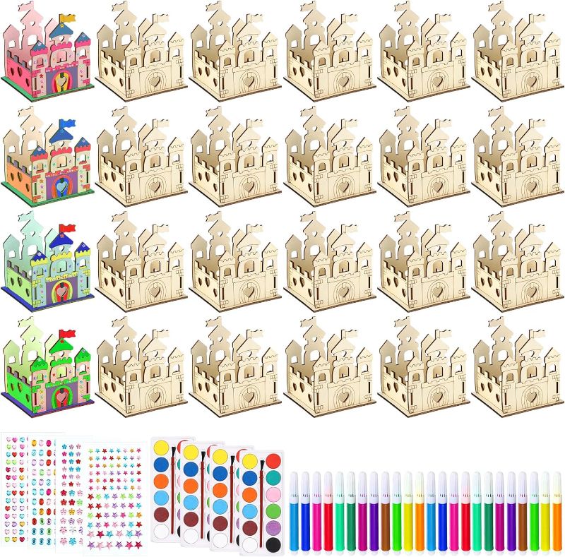 Photo 1 of 24 Pcs Build Paint Wooden Castle Crafts Kit with 4 Sets Pigments 4 Sheets Stickers and 2 Sets Watercolor Pens Arts and Crafts Princess Party Games for Kids Girls Princess Birthday Party Supply