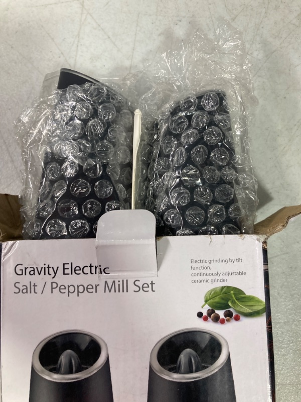 Photo 1 of 2 Pack Gravity Electric Salt and Pepper Grinder Set Automatic Battery Powered Salt Mill, Adjustable Coarseness, with Blue LED Light, One Hand Operated