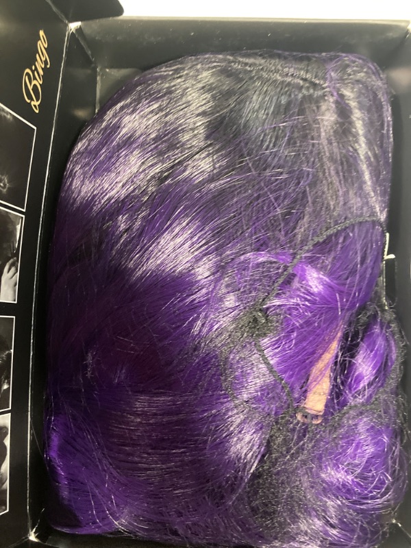 Photo 2 of BERON Purple Wig Long Curly Wig with Bangs Dark Purple Wig with Dark Roots Long Purple Wigs for Women Girls with Wig Cap Purple with Dark Roots