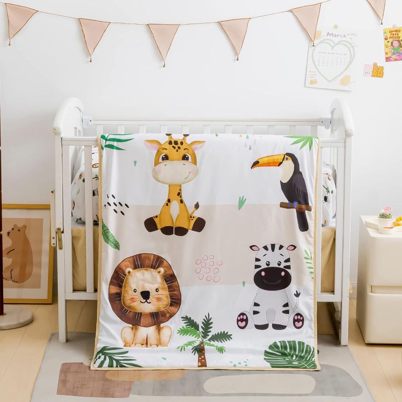 Photo 1 of Cokouchyi Safari Animal Crib Bedding Set for Baby Boys Girls, 3-Piece Baby Crib Bedding Set, Standard Size Crib Set Including Crib Sheet, Comforter &