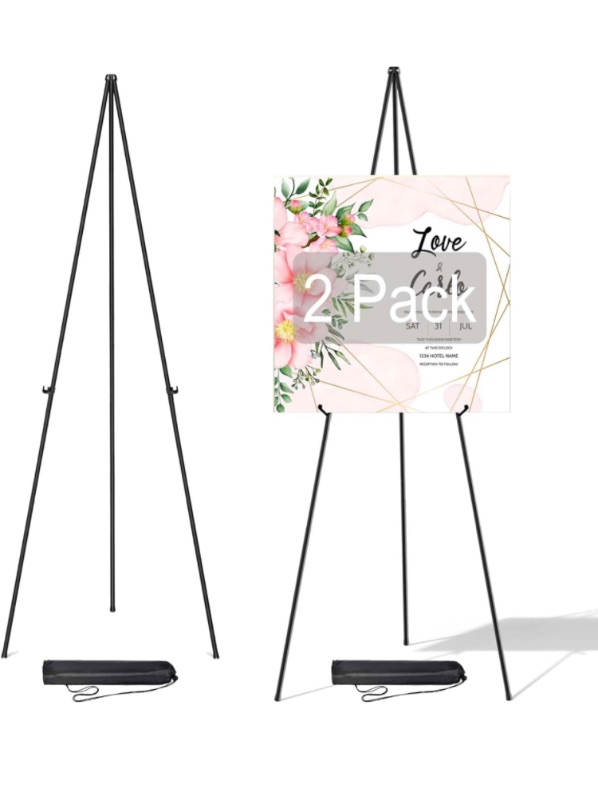 Photo 1 of 2 Pack Easel Stand for Display Wedding Sign & Poster - 63 Inches Tall Easels for Display - with Bag Collapsable Portable Poster Easle - Large Floor Adjustable Metal Easel Tripod Black