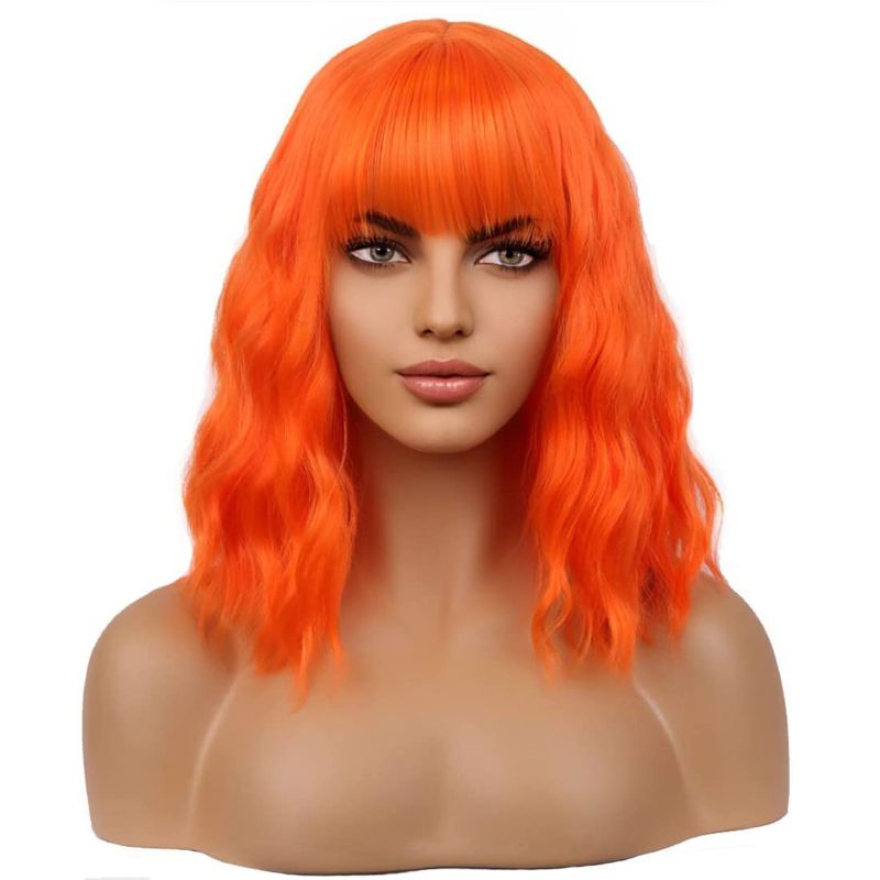 Photo 1 of 
\BERON 14 Inches Orange Wig Short Curly Wig Women Girl's Synthetic Wig Orange Wig with Bangs Wig Cap Included