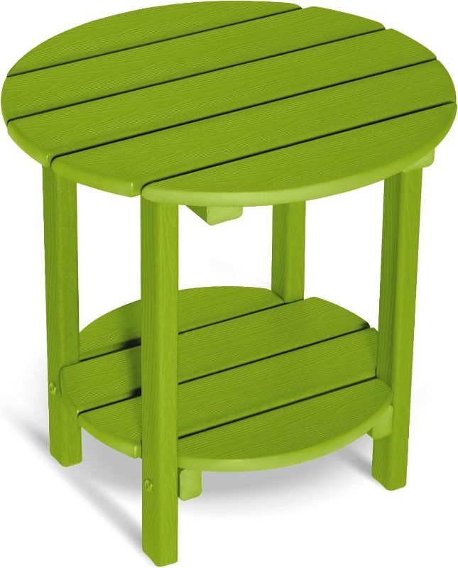 Photo 1 of 2 -Tier Outdoor Side Table HDPE Adirondack Table Patio Side Table with Wood-Like Grain Weather Resistant End Table Small Outdoor Table (Lime, Round)
