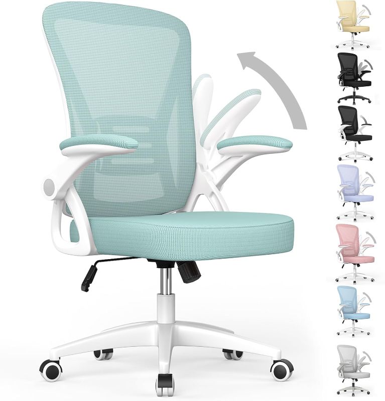 Photo 1 of naspaluro Ergonomic Office Chair, Mid Back Desk Chair with Adjustable Height, Swivel Chair with Flip-Up Arms and Lumbar Support, Breathable Mesh Computer Chair for Home/Study/Working, Green