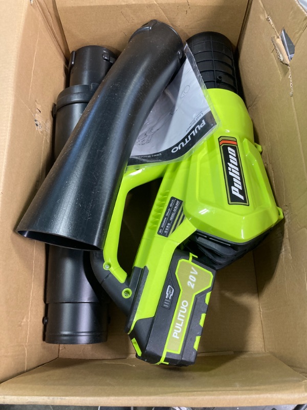 Photo 3 of ***USED**CHARGER IS MISSING**** PULITUO 20V Cordless Leaf Blower with 4.0Ah Battery and Charger, 400 CFM Cordless Electric Leaf Blower with Long & Short Nozzles, Lightweight Handheld for Garden Leaves, Yard Cleaning, and Wood Chips