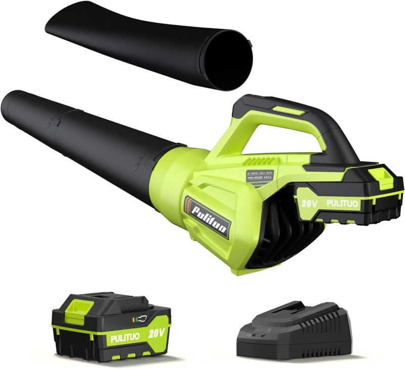 Photo 1 of ***USED**CHARGER IS MISSING**** PULITUO 20V Cordless Leaf Blower with 4.0Ah Battery and Charger, 400 CFM Cordless Electric Leaf Blower with Long & Short Nozzles, Lightweight Handheld for Garden Leaves, Yard Cleaning, and Wood Chips