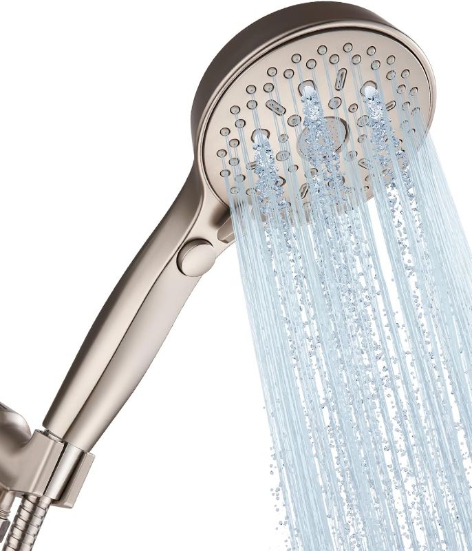 Photo 1 of Heemli 12 Functions Shower Head with handheld, High Pressure Detachable Shower Head Set with Hose/ON/Off Button for Pets Dog Bath, Adjustable Bracket Rubber Washers Brushed Nickel
