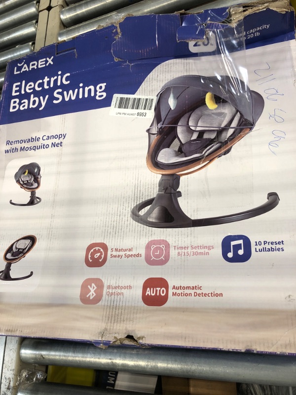 Photo 2 of ***FOR PARTS - MISSING BASE*** 

Larex Baby Swings for Infants to Toddler-Electric Bluetooth Infant Swing with Remote Control, Rocker with 5 Speeds, 5-Point Harness,3 Seat Positions (Gray)