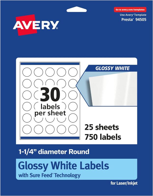 Photo 1 of Avery Glossy White Round Labels with Sure Feed, 1.25" Diameter, 750 Glossy White Labels, Print-to-The-Edge, Permanent Label Adhesive, Laser/Inkjet Printable Labels
