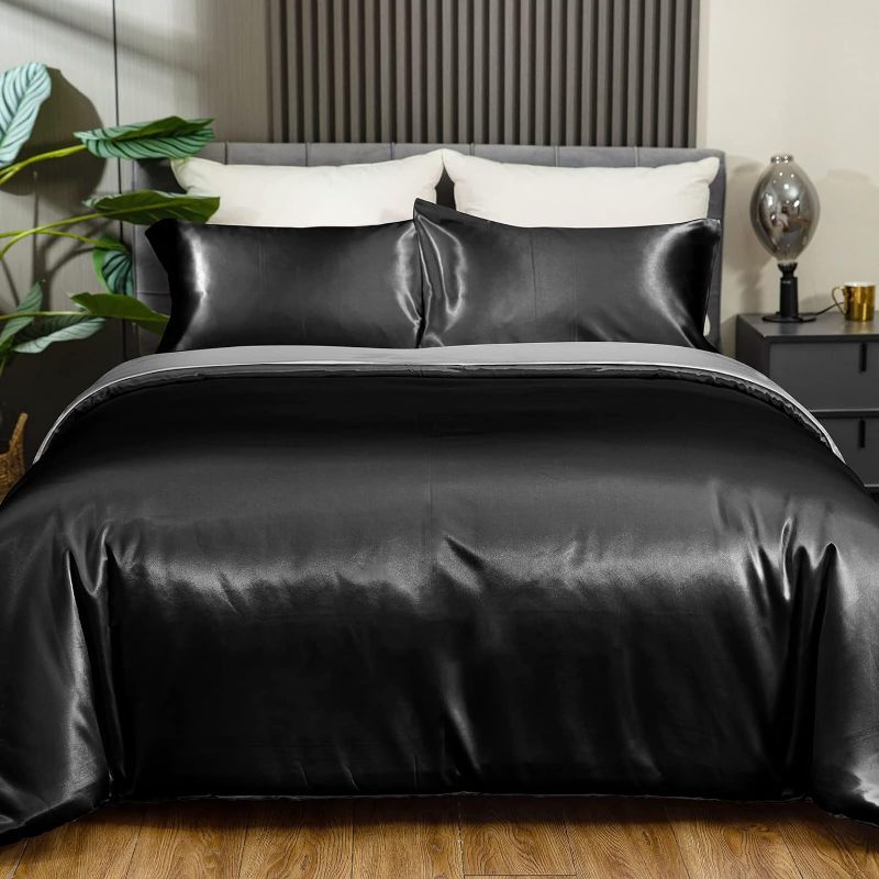 Photo 1 of  Queen Size Cooling Satin Comforter Set Soft Silky Cooling Down Alternative Reversible Two-Color Comforter Set Bedding Comforter with 2 Pillowcases Queen Black