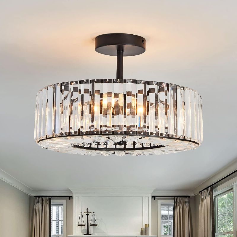 Photo 1 of  4 Lights Modern Crystal Chandelier Black Round Semi Flush Mount Ceiling Light Fixture Farmhouse Chandelier for Dinning Room Living Room Bedroom Hallway Entryway Kitchen