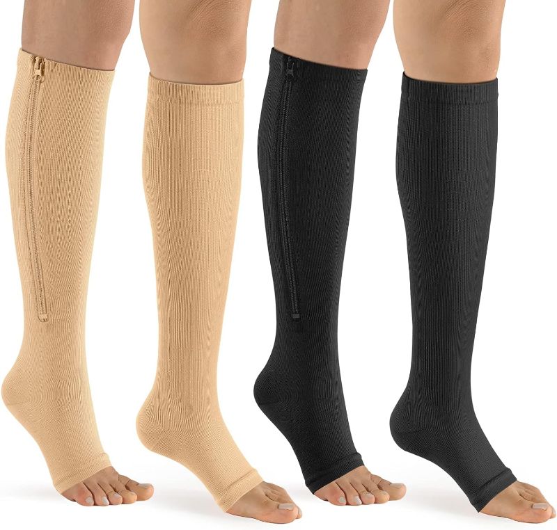 Photo 1 of bropite Zipper Compression Socks Women & Men - 2Pairs Calf Knee High 15-20mmHg Open Toe Compression Stocking suit for Walking C-black/Nude 4X-Large