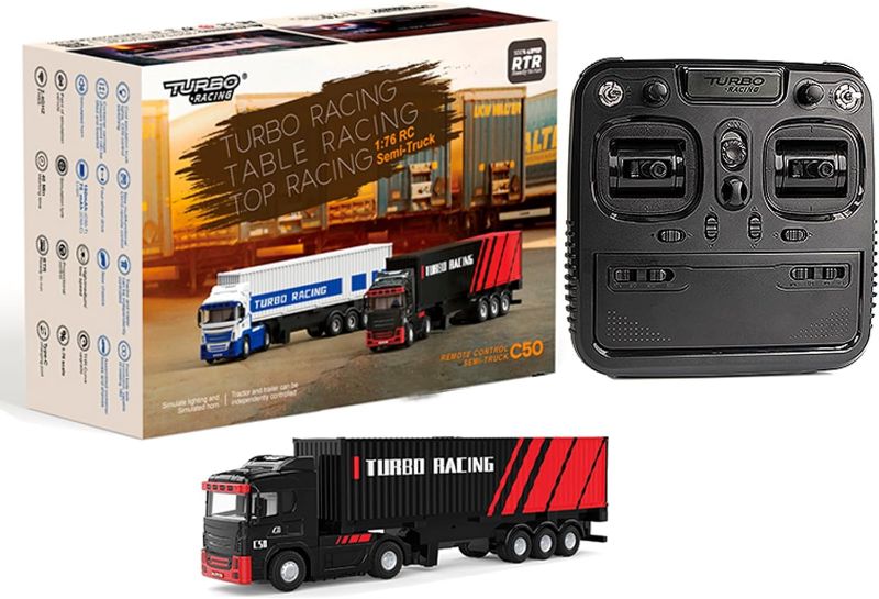 Photo 1 of FLYCOLOR Turbo Racing 1:76 C50 RTR Tractor Remote Control Truck Four-Wheel Drive Simulated Headlights 10CH Minicar Model(Black-Red)
