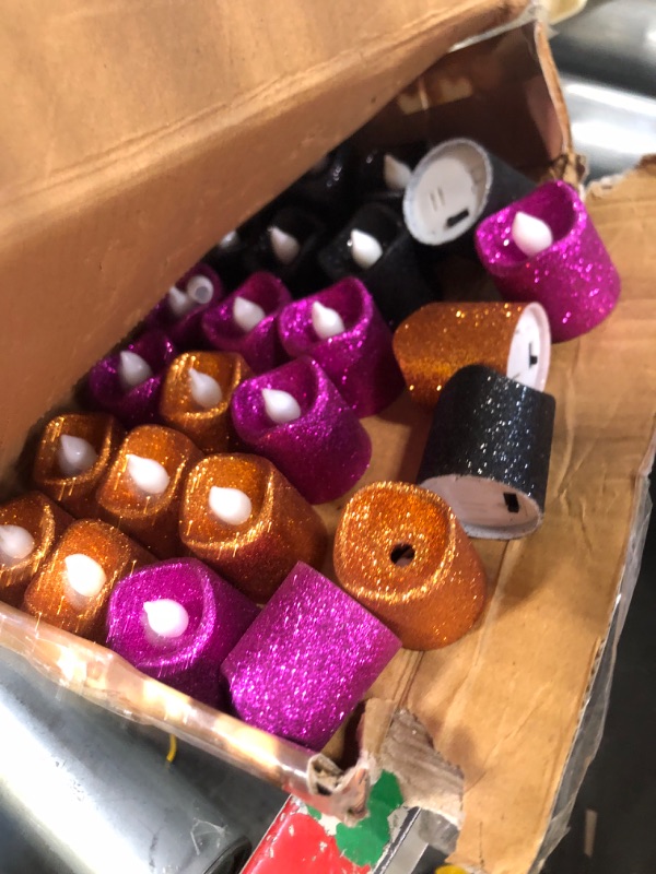 Photo 1 of 24 Pieces Flameless Votive Candles Valentine's Day Glitter LED Tea Light Candles Battery Operated Candle Fake Candle for Gold Party Decoration Wedding Centerpieces Table Supply (Black, Orange, Purple)