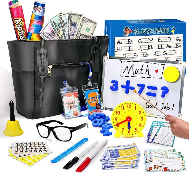 Photo 1 of Alritz Pretend Play Teacher Set - Classroom Learning Education Gifts Includes Reusable White Board Bell Clock and More, Be Teacher or Student, Toy Gift for Boys Girls 5 6 7 8 9 10 11 12 Years Old
