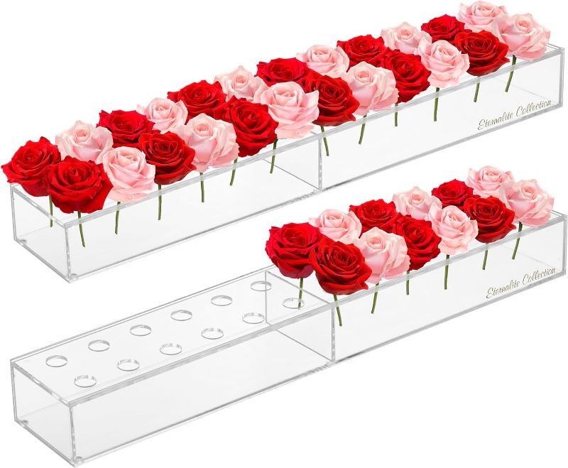 Photo 1 of  Long Rectangular 100% Leakproof Heavy Duty Acrylic Vase for Flowers with 24 Holes, Magnificent Centerpiece for Weddings, Holidays, Home Décor, for Fresh or Artificial Flowers