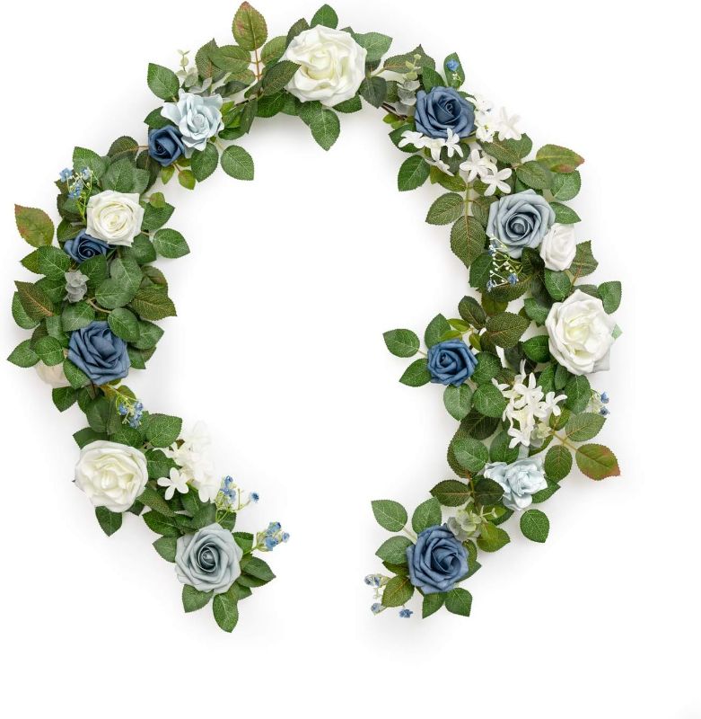 Photo 1 of *SIMILAR ITEM*  Ling's Moment Artificial Rose Flower Runner Rustic Flower Garland Floral Arrangements Wedding Ceremony Backdrop Arch Flowers Table Centerpieces Decorations (5FT Long, Dusty Blue)