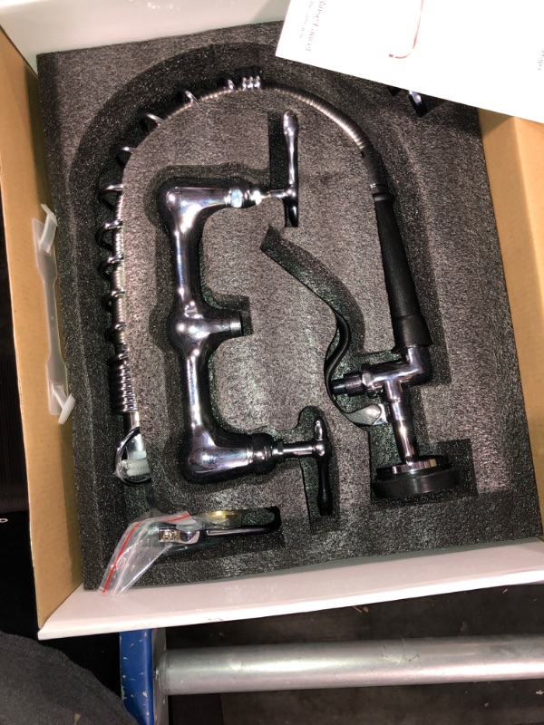 Photo 1 of **PARTS ONLY* QANBAIN Commercial Sink Faucet,Commercial Faucet with Sprayer 8 Adjustable Center Wall Mounted Restaurant Faucets,12" Spout andPull-Down Pre-Rinse Faucet 25” Height Suitable for 1, 2 or 3 Sinks 12" long by 25" high