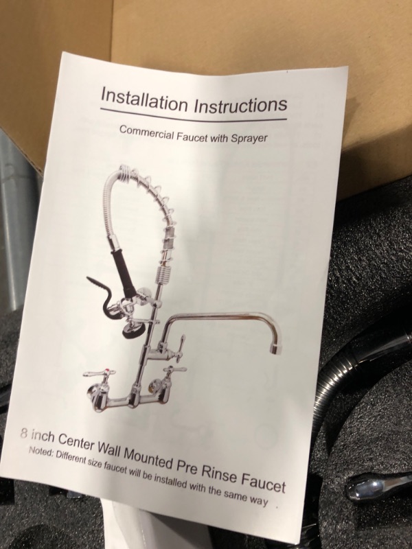 Photo 1 of **PARTS ONLY* QANBAIN Commercial Sink Faucet,Commercial Faucet with Sprayer 8 Adjustable Center Wall Mounted Restaurant Faucets,12" Spout andPull-Down Pre-Rinse Faucet 25” Height Suitable for 1, 2 or 3 Sinks 12" long by 25" high