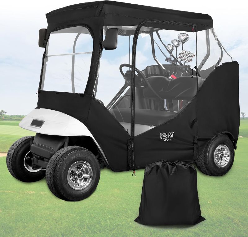 Photo 1 of 10L0L Golf Cart Enclosure Fit for 2 Passengers EZGO TXT RXV,600D Waterproof Snowproof Golf Buggy Keep Warm Cover, 2 Door Zippers 4-Side Clear Window and 4 Windproof Hooks Golf Cart Rain Cover, Black