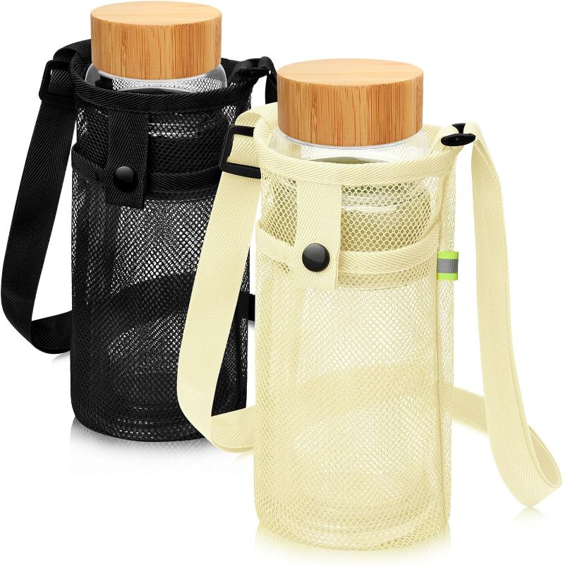 Photo 1 of 2 Pcs Mesh Water Bottle Holder with Adjustable Shoulder Strap - Water Bottle Sling, Beach Bottle Bag - Ideal for Sports, Gym, Hiking, Camping, Walking, and Travel Essentials?Black /Beige?