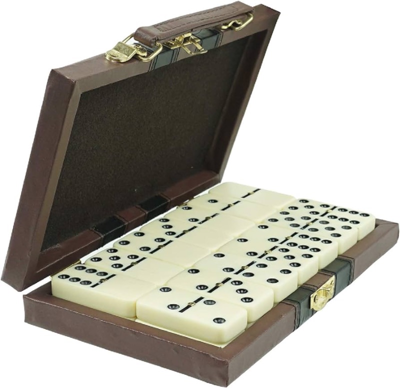 Photo 1 of ERLLE Dominos Set Game. Premium Classic 28 Pieces Double Six Domino. Durable Leather Box. Kids, Boys, Girls, Party Favors and Anytime Use. Duoble 6 Dominoes. (Jumbo)