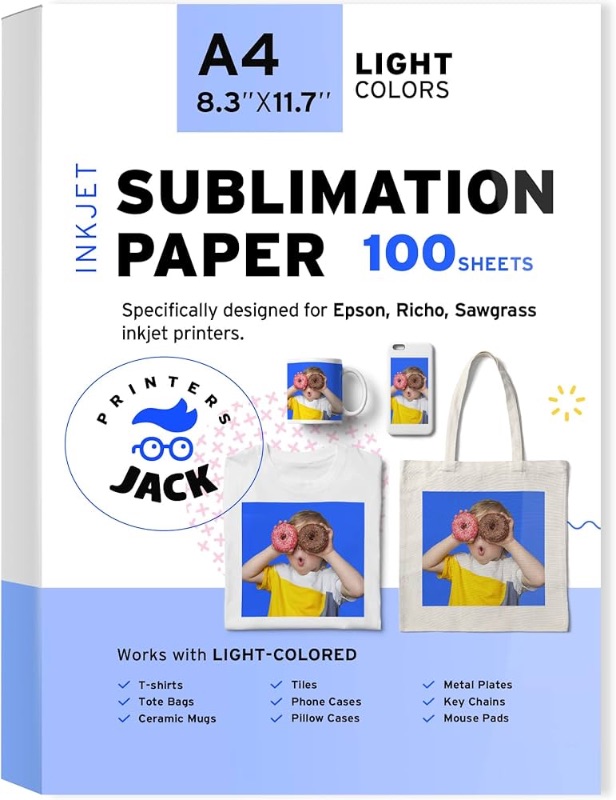 Photo 1 of Printers Jack Sublimation Paper - Heat Transfer Paper 100 Sheets 8.3" x 11.7" for Any Epson HP Canon Sawgrass Inkjet Printer with Sublimation Ink for T shirt Mugs DIY