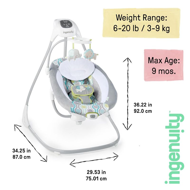 Photo 1 of Ingenuity SimpleComfort Lightweight Compact 6-Speed Multi-Direction Baby Swing, Vibrations & Nature Sounds, 0-9 Months 6-20 lbs (Everston)