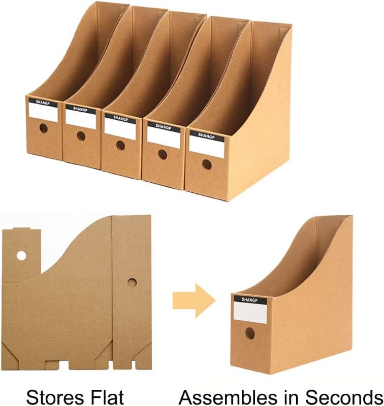 Photo 1 of Foldable Desk File Holder Organizer Sturdy Cardboard Magazine Storage Box Document Rack with Blank Label Stickers for Home School Office (50 PACK, Brown)
