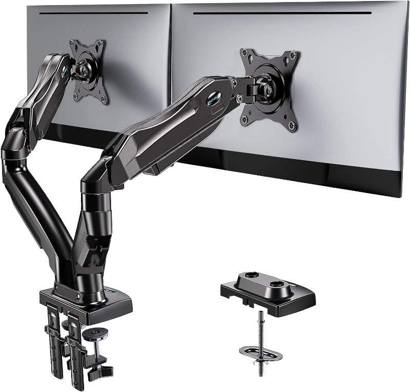 Photo 1 of HUANUO Dual Monitor Stand - Adjustable Spring Monitor Desk Mount Swivel Vesa Bracket with C Clamp, Grommet Mounting Base for 13 to 30 Inch Computer Screens - Each Arm Holds 4.4 to 19.8lbs
