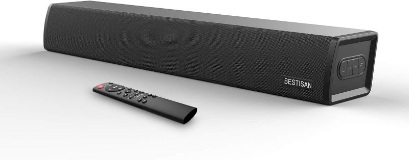 Photo 1 of BESTISAN Sound Bar, Soundbar with Built-in Subwoofer, Wired & Wireless Bluetooth 5.0 Home Audio for TV, 3 Equalizer Modes Surround Sound System, 24-Inch, Bass Adjustable, 60W, Optical/Coax/Aux/USB
