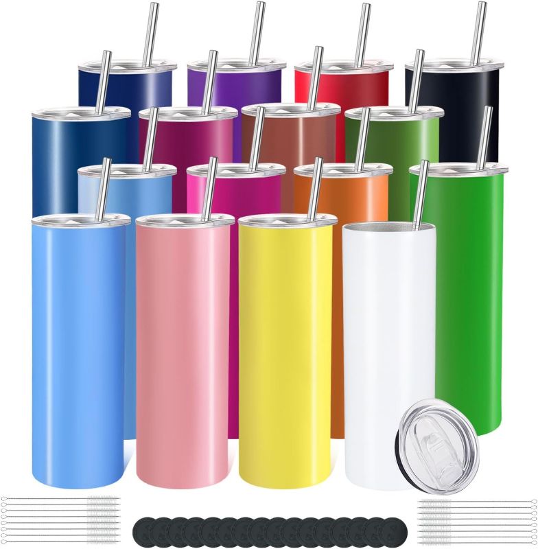 Photo 1 of 16 Pack Skinny Tumblers 20oz Bulk Straight Stainless Steel Double Wall Vacuum Insulated Tumbler with Lid and Straw & Silicone Base for Travel, DIY, 16 Colors
