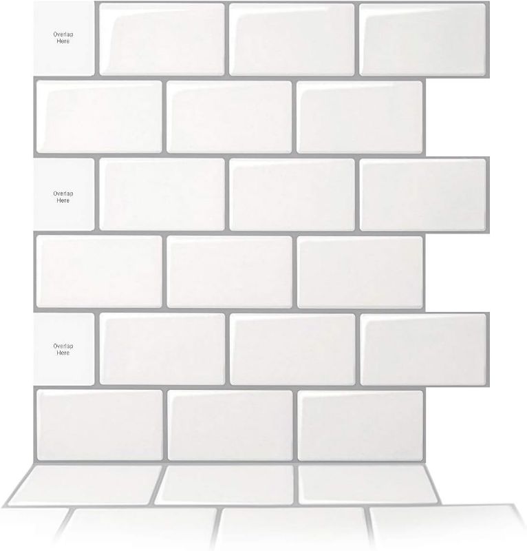 Photo 1 of Art3d 10-Sheet Peel and Stick Backsplash, 12 in. x 12 in. Subway 3D Wall Panels, Mono White with Gray Grout