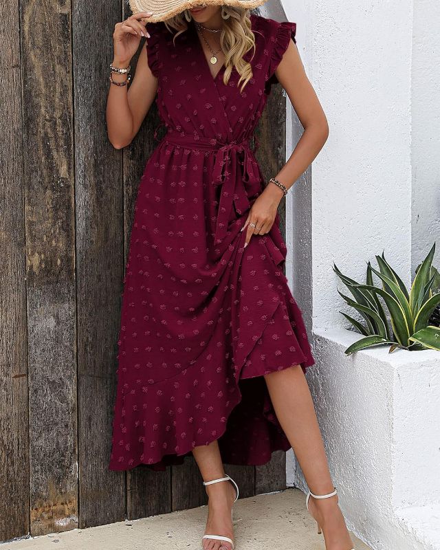 Photo 1 of BTFBM Women's 2024 Summer Wrap V Neck Dress Ruffle Sleeve Swiss Dot Boho Ruffle Slit Beach Party Flowy Long Maxi Dresses
