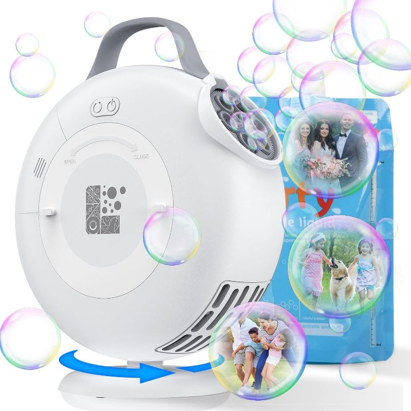 Photo 1 of Bubble Machine, Automatic Bubble Blower for Kids Toddlers, 8000+ Bubbles Per Minute, 90° 200° Oscillating Electric Plug-in or Batteries Bubble Maker, Bubble Toys for Outdoor Birthday Party - White
