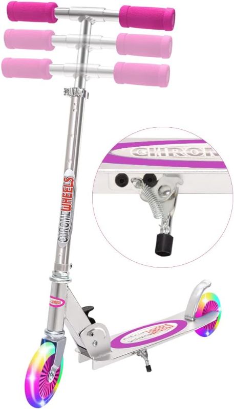 Photo 1 of ChromeWheels Kick Scooter for Kids, Deluxe 2 Light Up Wheels 4 Adjustable Height with Kickstand, Best Gift for Age 5 up Kids Girls Boys, 132lb Weight Limit Pink