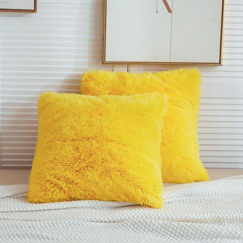 Photo 1 of  LIFEREVO 2 Pack Fluffy Faux Fur Pillow Shams,18 x 18 Inches Throw Pillow Covers,Luxury Decorative Furry Pillowcases Cushion Cover for Christmas,Zipper Closure,No Pillow Insert,Yellow