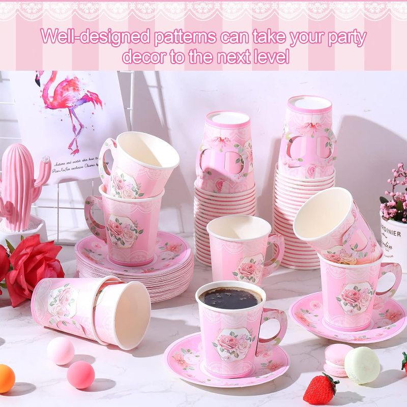 Photo 3 of 100 Pcs Tea Party Decorations Includes 50 Disposable Blossom Party Paper Tea Cups and 50 Plates, Floral Paper Tea Cups and Saucers for Hot Cold Drink Wedding Birthday Baby Bridal Shower (Pink, light Yellow, and light Blue