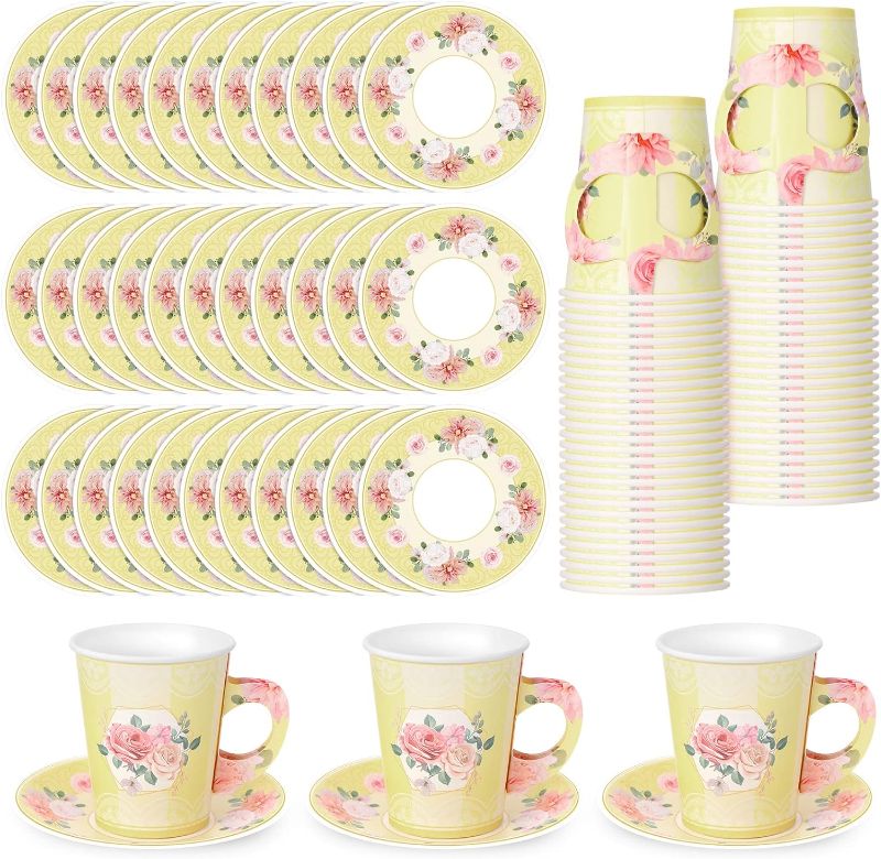 Photo 1 of 100 Pcs Tea Party Decorations Includes 50 Disposable Blossom Party Paper Tea Cups and 50 Plates, Floral Paper Tea Cups and Saucers for Hot Cold Drink Wedding Birthday Baby Bridal Shower (Pink, light Yellow, and light Blue