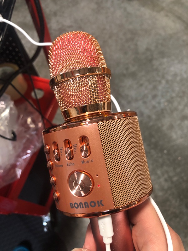 Photo 2 of BONAOK Wireless Bluetooth Karaoke Microphone, 3-in-1 Portable Handheld Mic Speaker for All Smartphones,Gifts for Girls Kids Adults All Age Q37(Rose Gold)