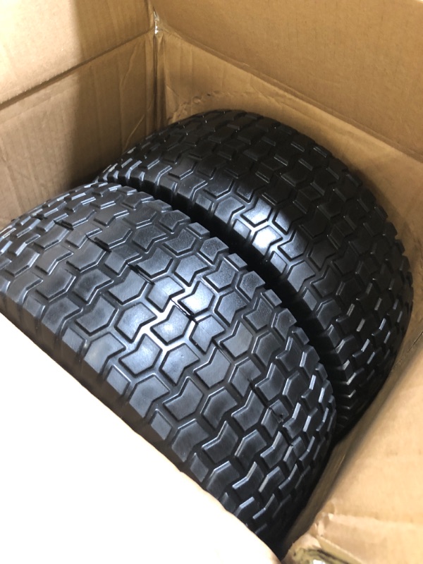 Photo 1 of 15x6.00-6 Flat Free Lawn Mower Tire and Wheel, 2 Pcs 15x6-6nhs Riding Mowers Lawn Tire and Wheel with 3/4" Bearing, 3" Centered Hub