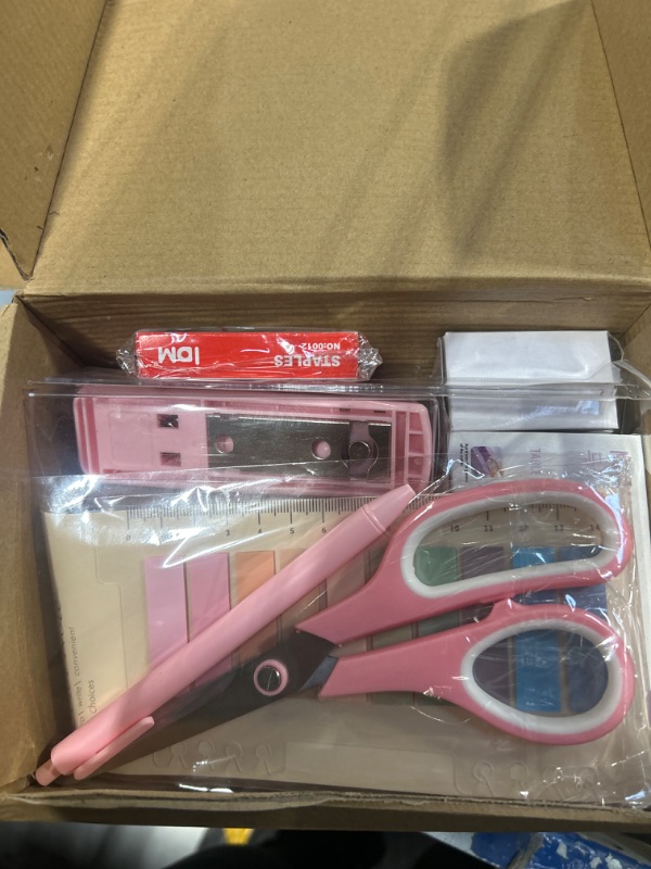 Photo 1 of EOOUT 9pcs Pink Office Supplies Set, Pink Desk Accessories, Stapler and Tape Dispenser Set for Women with Staple Remover, Staples, Clips, Scissor and Tabs for Students, Office Clerks 1-pink
