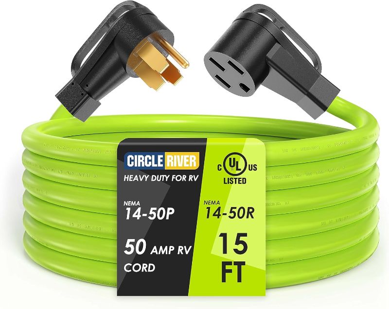 Photo 1 of 50 Amp 15 Feet RV/EV Extension Cord UL Listed, NEMA 14-50P/R Heavy Duty 6/3+8/1 Gauge STW Wire with Grip Handle Green Compatible with Tesla Model 3/S/X/Y EV Charging and RV Trailer
