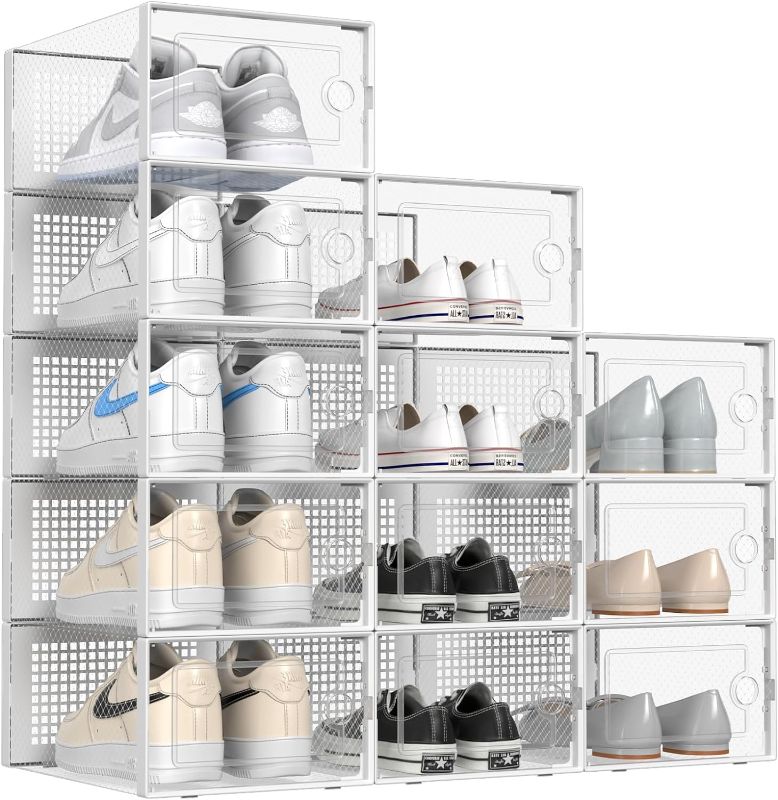 Photo 1 of SALA Large Clear Shoe Boxes Stackable, 12 Pack Foldable Storage Bins with Lids, Clear Plastic Stackable Shoe Organizer for Closet, Space Saving Foldable Shoe Rack Sneaker Container Bin Holders