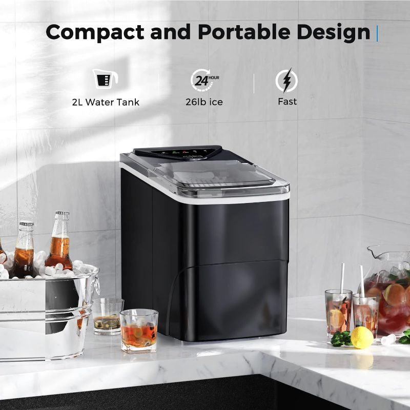 Photo 1 of Ice Makers Countertop, Self-Cleaning Function, Portable Electric Ice Cube Maker Machine, 9 Pellet Ice Ready in 6 Mins, 26lbs 24Hrs with Ice Bags and Scoop Basket for Home Bar Camping RV(Black)