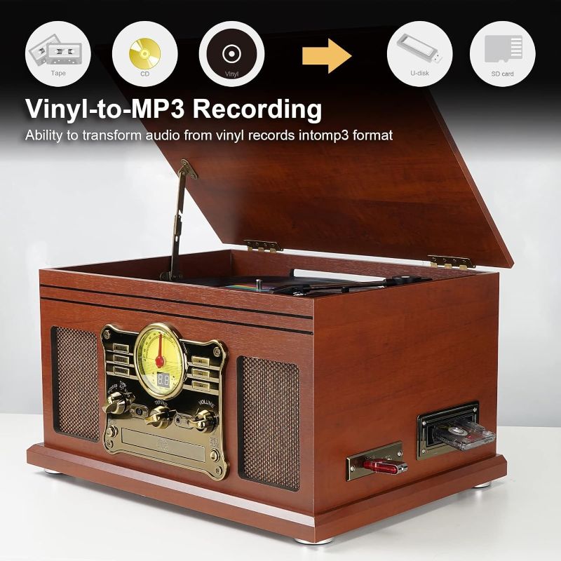 Photo 1 of FEKTIK 10 in 1 Bluetooth Record Player, 3-Speed Turntable for Vinyl with Speakers, LP to MP3 Converter, CD, Cassette Player, FM Radio, Wireless Streaming | Mahogany