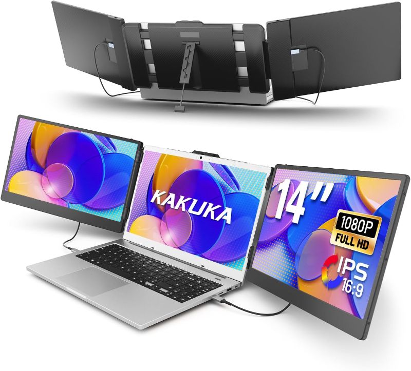 Photo 1 of kakuka Laptop Screen Extender, 14” FHD 1080P IPS Portable Monitor for 13.3”-17” Laptop, HDMI/USB-A/Type-C Laptop Monitor Extender with Kickstand, Plug and Play for Mac/Wins/Android/Switch