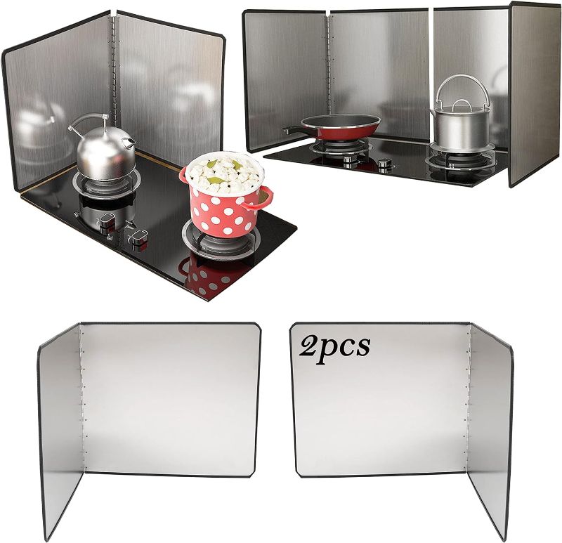 Photo 1 of 2 Sided Nonstick Oil Splatter Guard,2PCS Stainless Steel Oil Splatter Guard Sheet,Foldable Splatter Proof Baffle Stove Heat Insulation Sheet for Cooking Frying Stove Top Splatter Screens
