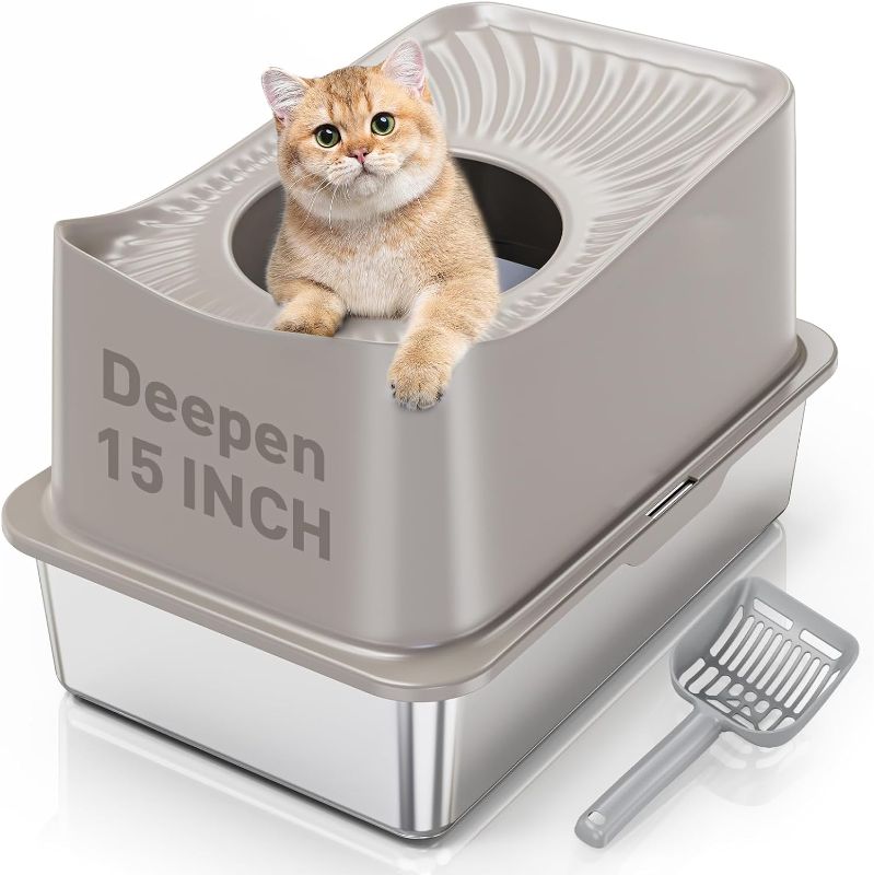 Photo 1 of ***MISSING PARTS****
 Stainless Steel Cat Litter Box, XL Top Entry Litter Box for Big Cats, Enclosed Large Litter Box with High Wall, Metal Cat Litter Box Never Absorbs Odors, Easily Cleaning, Include Scoop