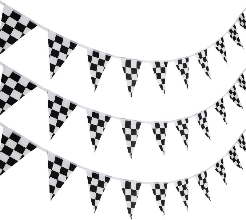 Photo 1 of 10 Meters Checkered Pennant Banner Racing Flag Party Flag Banner Accessory for Race Theme Birthday Party Decoration